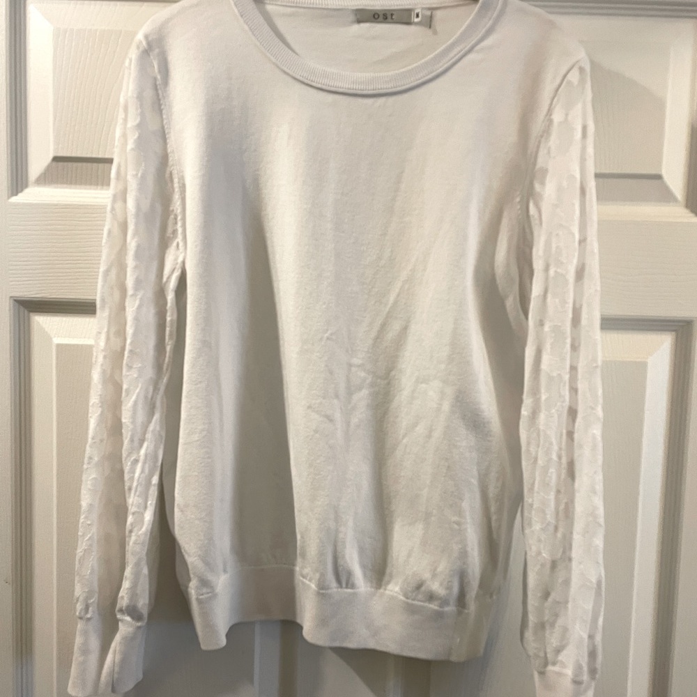 OST white crew neck sweater size medium with sleeve detail